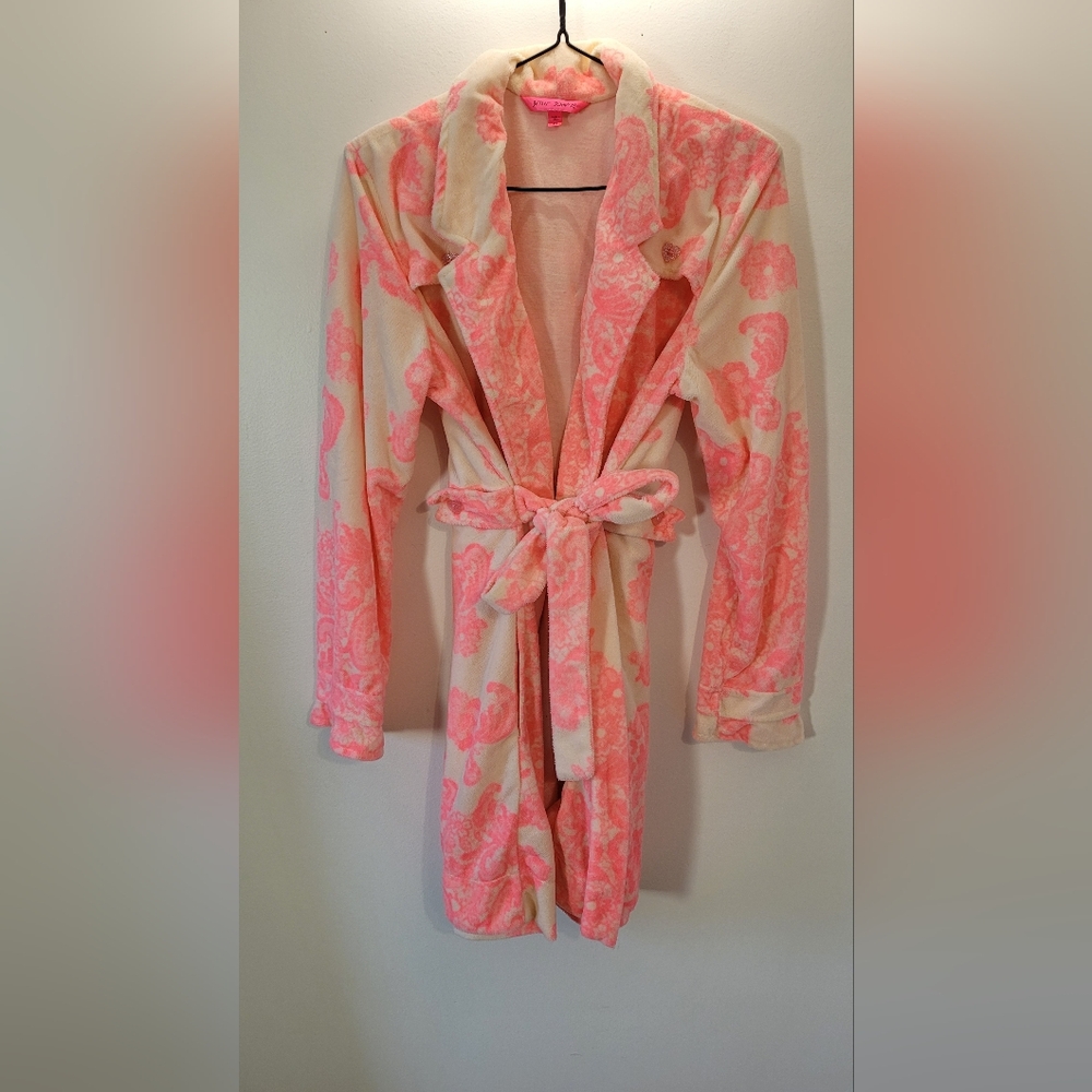 Betsey Johnson Robe Ribbon Bows Neon Pink Cream Floral Robe - Size M - Picture 3 of 9